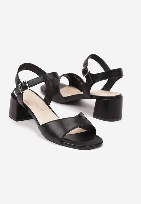 Czarne Sandały na Słupku z Wkładką ze Skóry Naturalnej Lirase
