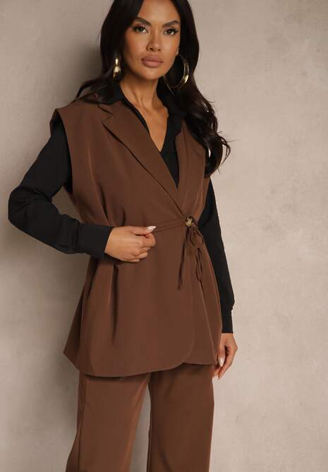 Brązowy Garniturowy Komplet Kamizelka z Wiązaniem i Spodnie o Szerokim Kroju Davielis