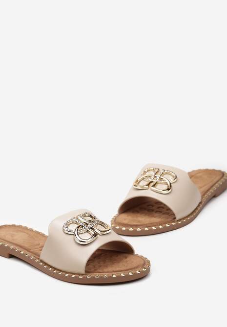Beżowe Klapki na Pasku Metaliczna Ozdoba z Cyrkoniami Deruta