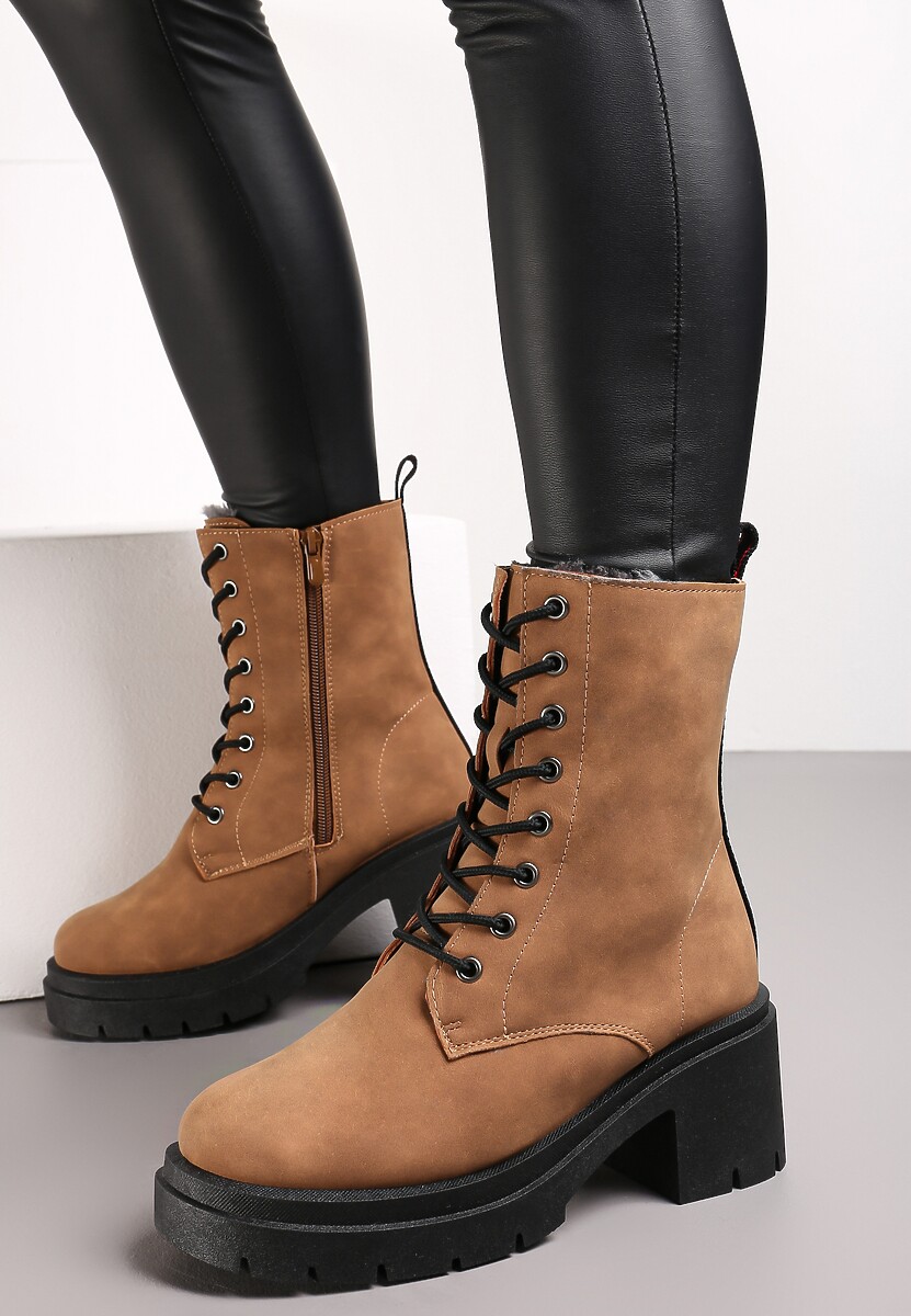 Brązowe Botki Sztyblety za Kostkę na Platformie z Elastyczną Wstawką Adelaine