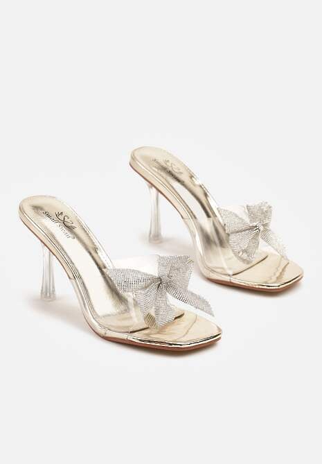 Złote Przezroczyste Klapki Szpilki z Cyrkoniowymi Kokardami Tysseli