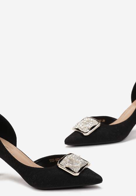 Czarne Czółenka na Szpilce z Ozdobą z Cyrkoniami i Perłami Lenova