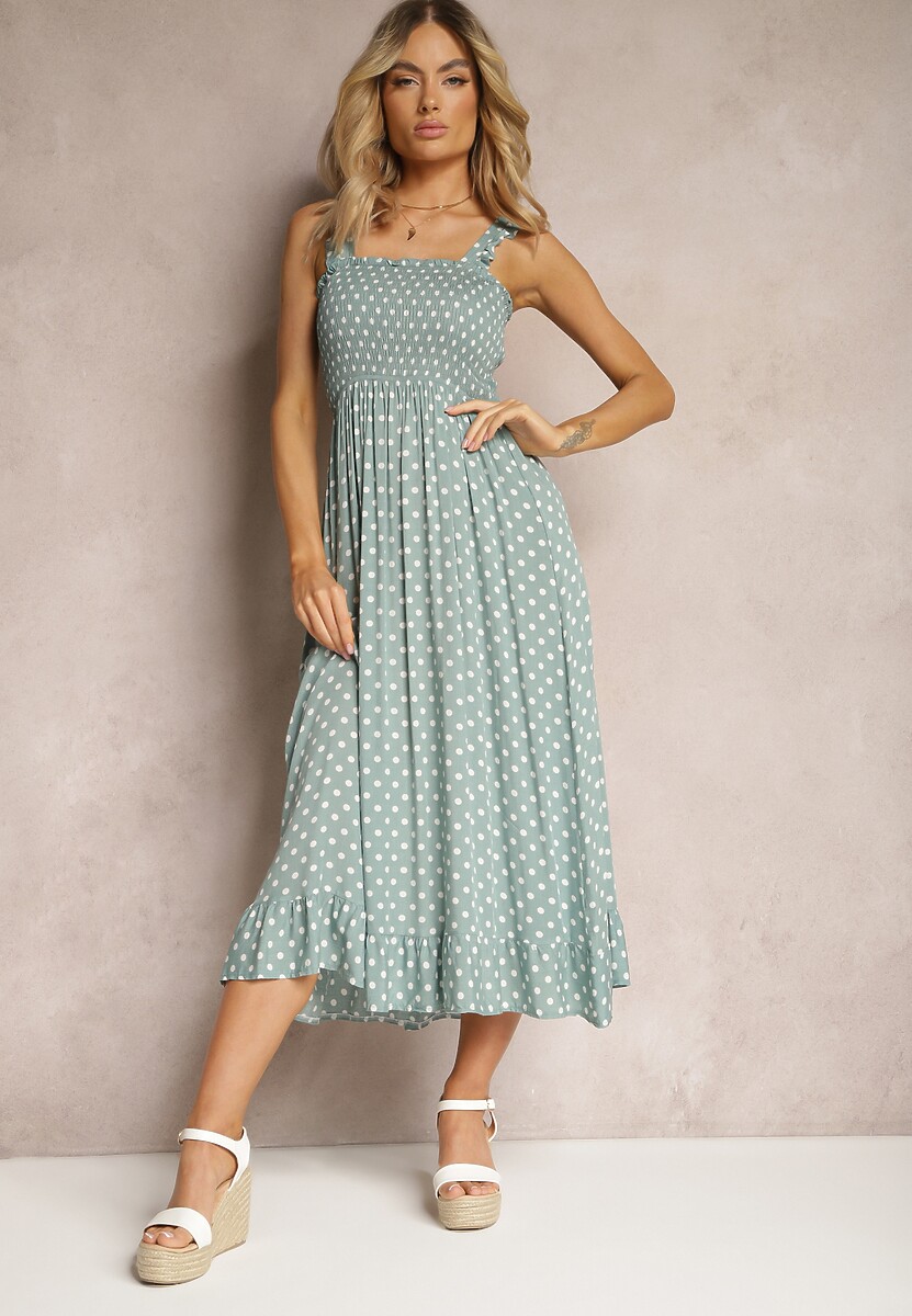 Zielona Rozkloszowana Sukienka z Wiskozy z Gumką w Pasie i Falbanką Zanneli