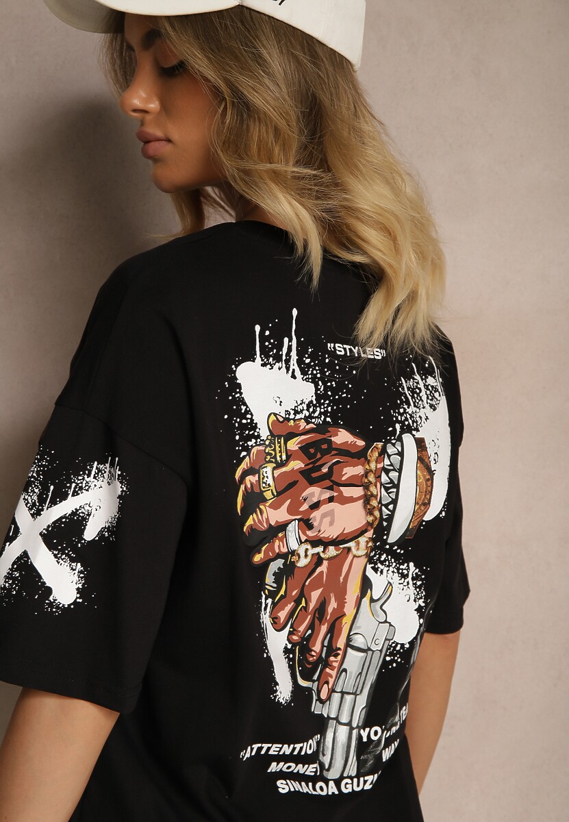 Czarna Koszulka Oversize z Bawełny Zdobiona Nadrukiem Nilravia