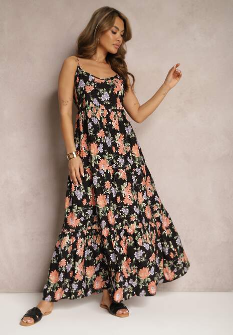 Czarno-Różowa Wiskozowa Sukienka na Ramiączkach z Falbanką Lrinesa