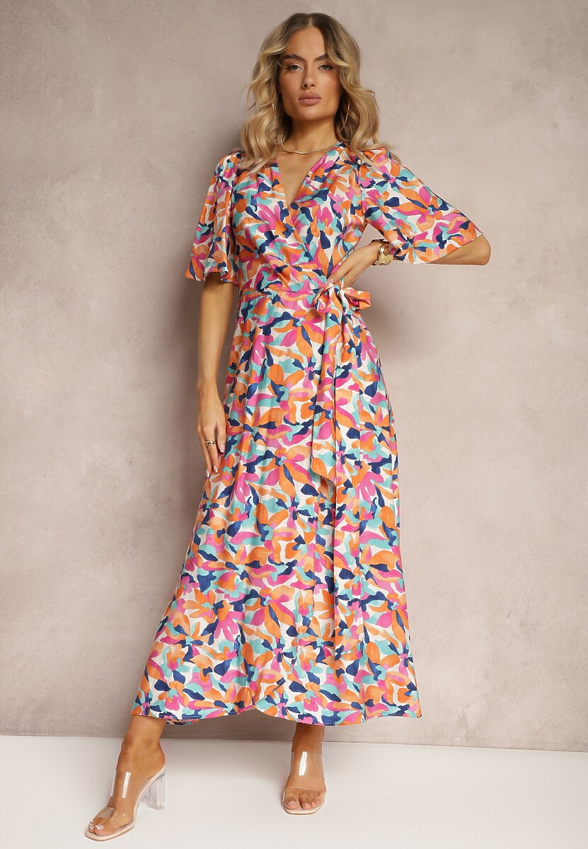 Beżowo-Różowa Sukienka z Kopertowym Dekoltem i Materiałowym Paskiem w Kwiaty Tulpia