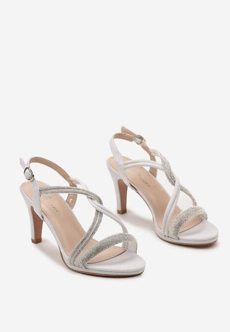 Białe Brokatowe Sandały na Szpilce ze Wstawkami z Cyrkonii Malindea