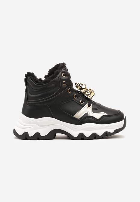 Czarne Sznurowane Sneakersy na Płaskiej Podeszwie za Kostkę z Aplikacjami Misiów Temisza