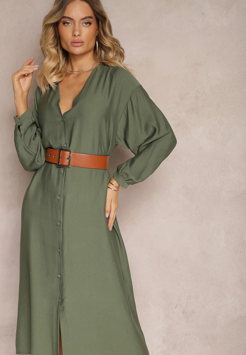 Ciemnozielona Sukienka w Stylu Koszulowym z Bufiastymi Rękawami i Wiskozą Denisea