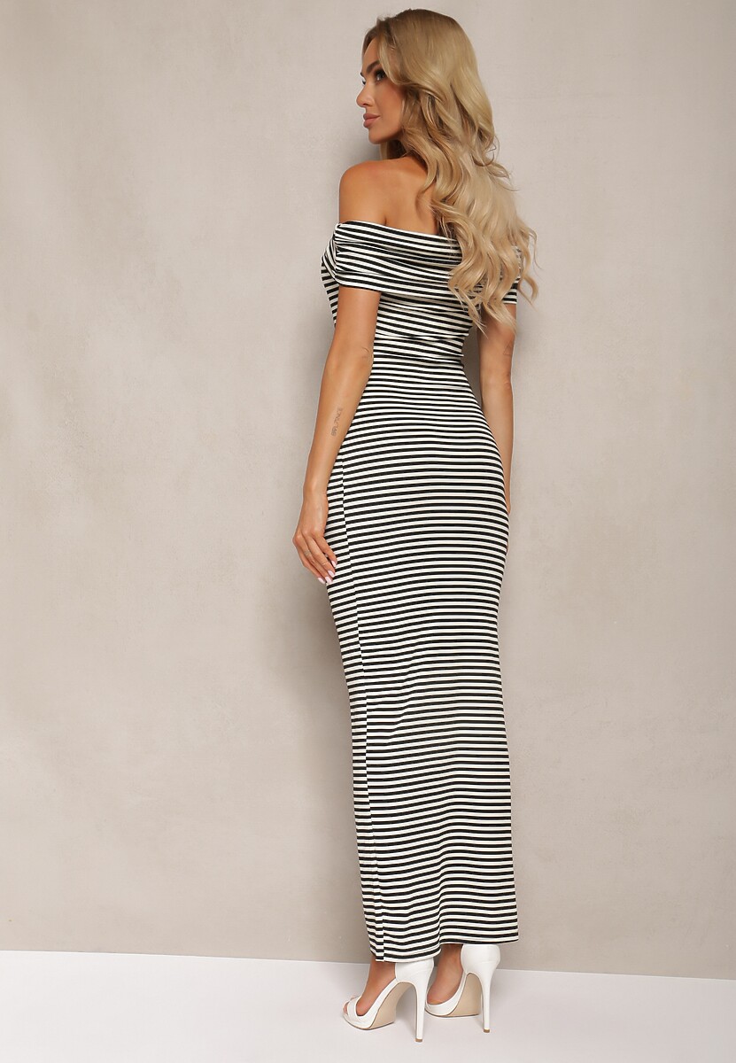 Czarno-Biała Sukienka w Paski o Hiszpańskim Kroju z Rozcięciem Vikitessa