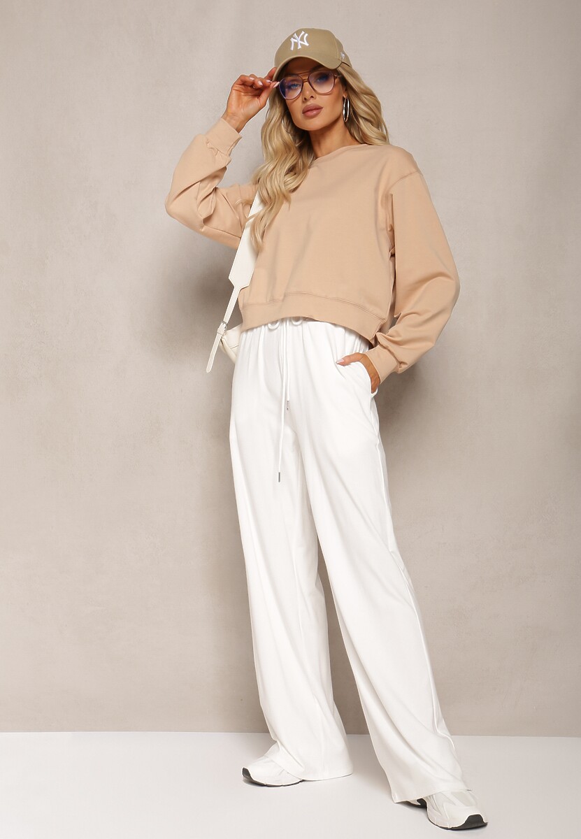 Beżowa Oversize Bluza z Bawełny o Krótkim Fasonie Sibolla