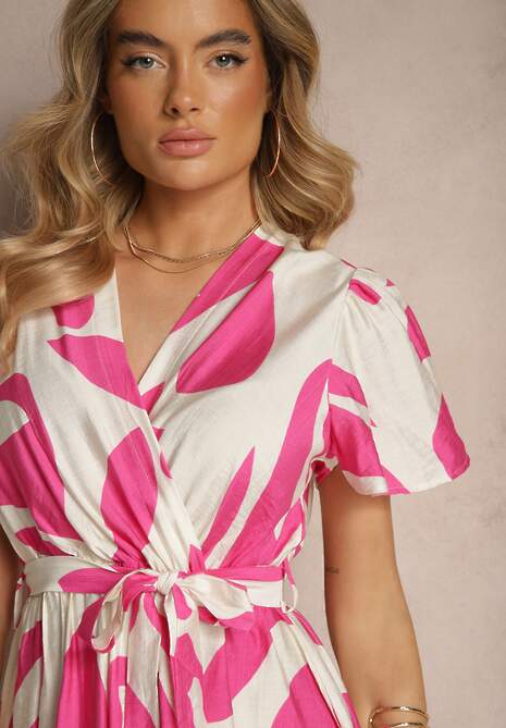 Różowa Sukienka z Gumką i Wiązanym Paskiem w Talii w Abstrakcyjny Wzór Okloria