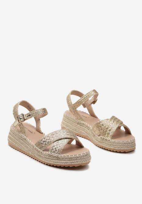 Złote Sandały na Grubszej Podeszwie z Plecionymi Paskami Elwintia
