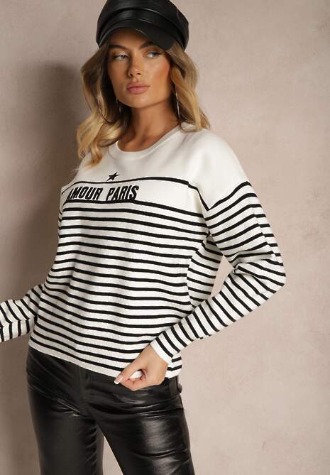 Biały Sweter z Bawełną Ozdobiony Haftowanym Napisem i Paskami Zeanika