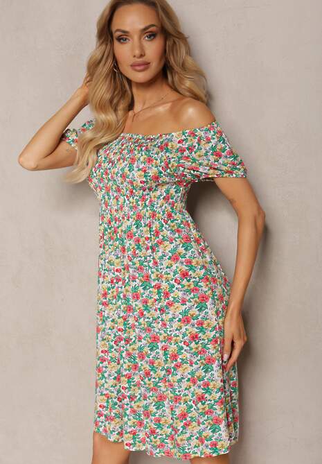 Biało-Zielona Wiskozowa Sukienka Hiszpanka w Kwiatowy Wzór Pialara