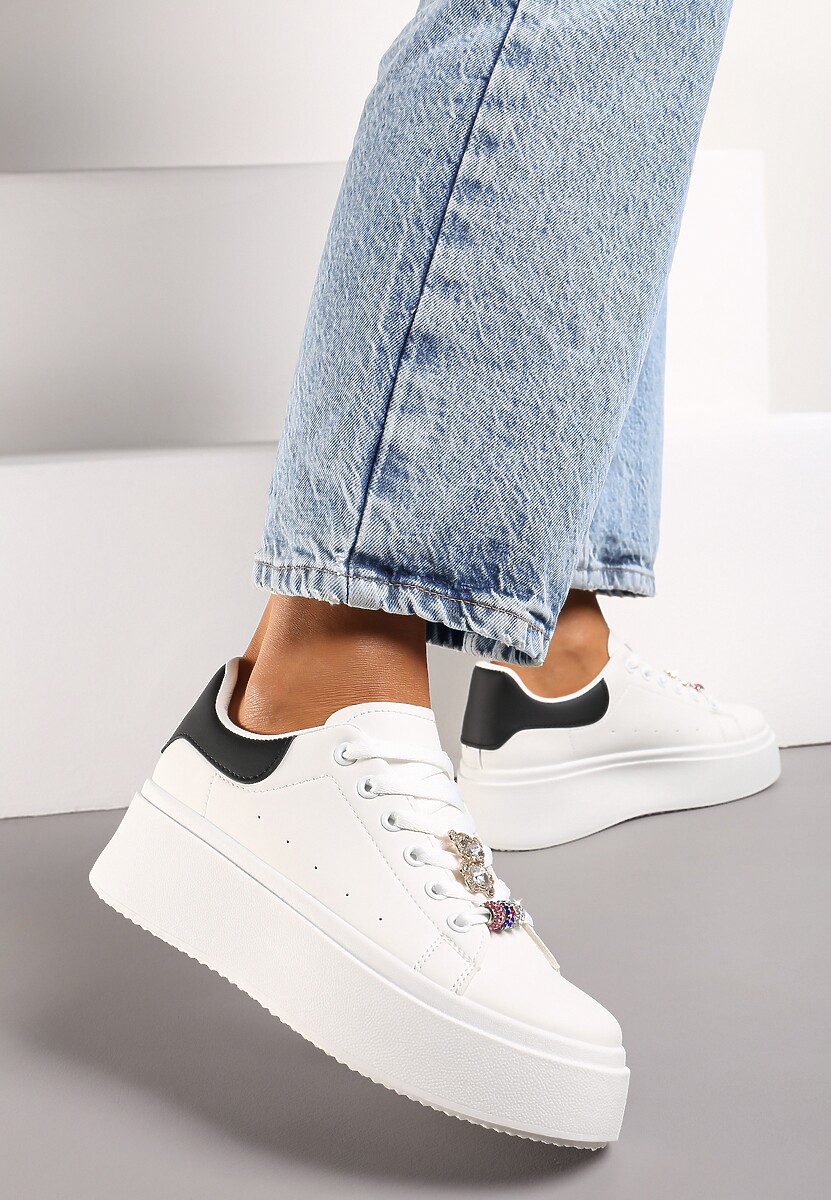 Biało-Czarne Sneakersy z Cyrkoniami na Sznurówkach z Platformą Nomiji