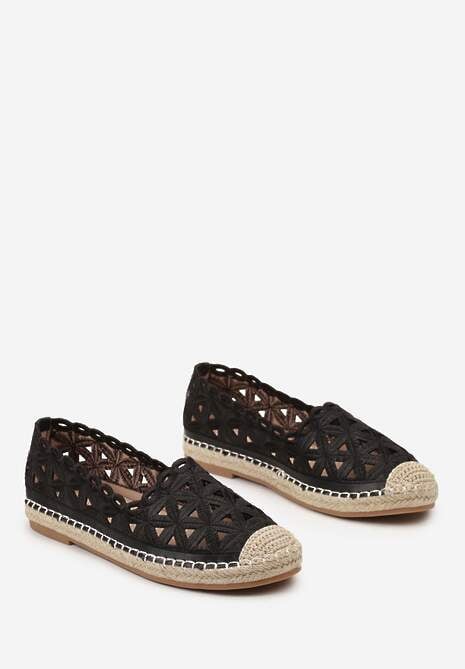 Czarne Ażurowe Espadryle na Płaskiej Plecionej Podeszwie Kueria