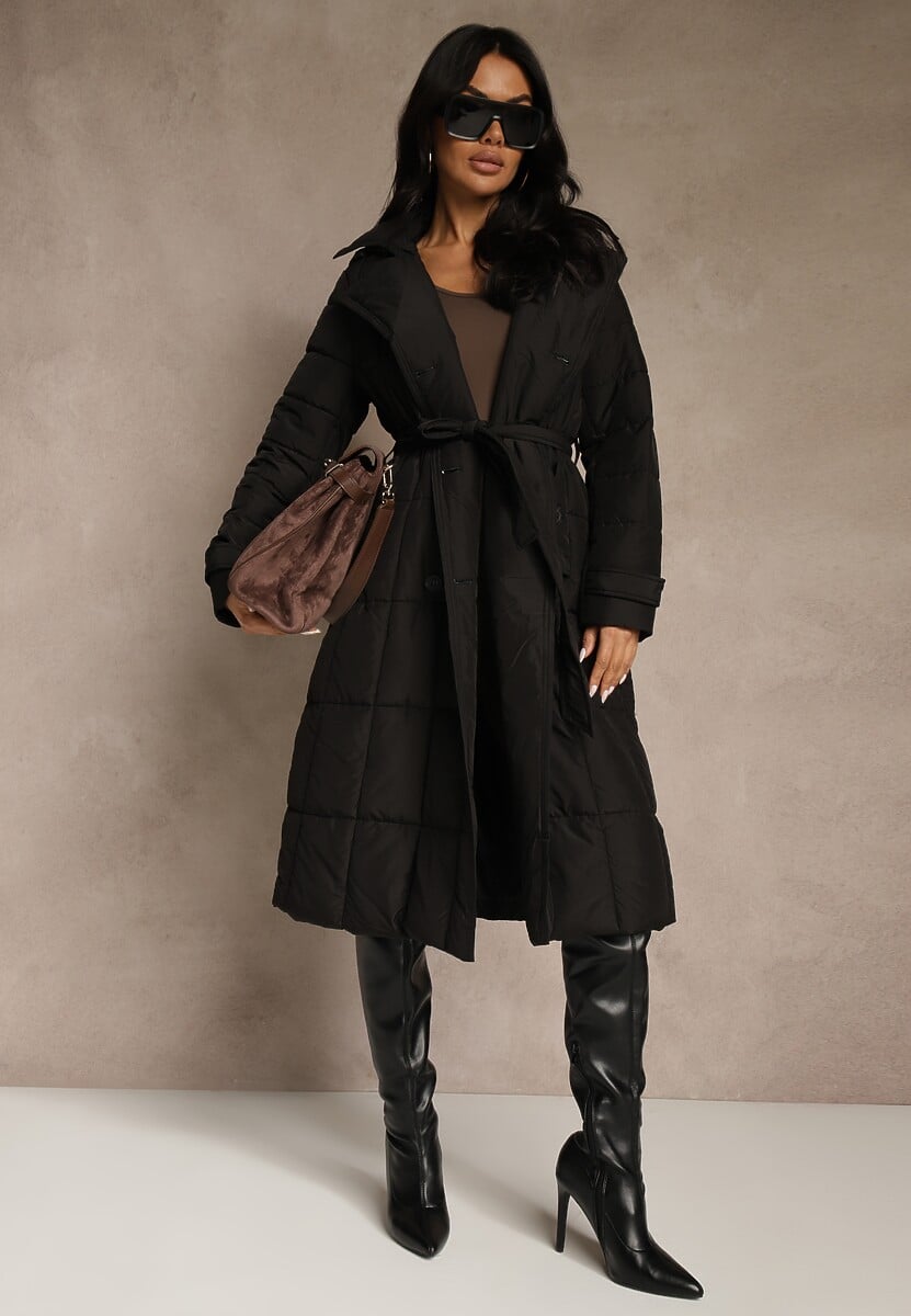 Czarna Kurtka Pikowana z Paskiem Yeclu