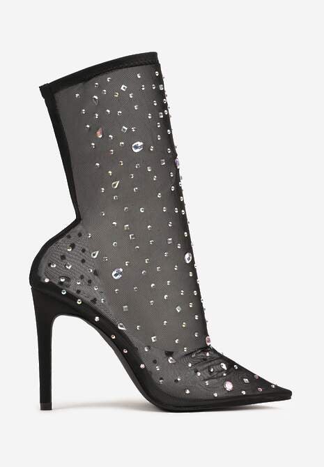 Czarne Eleganckie Botki na Szpilce z Transparentną Cholewką i Cyrkoniami Felimora