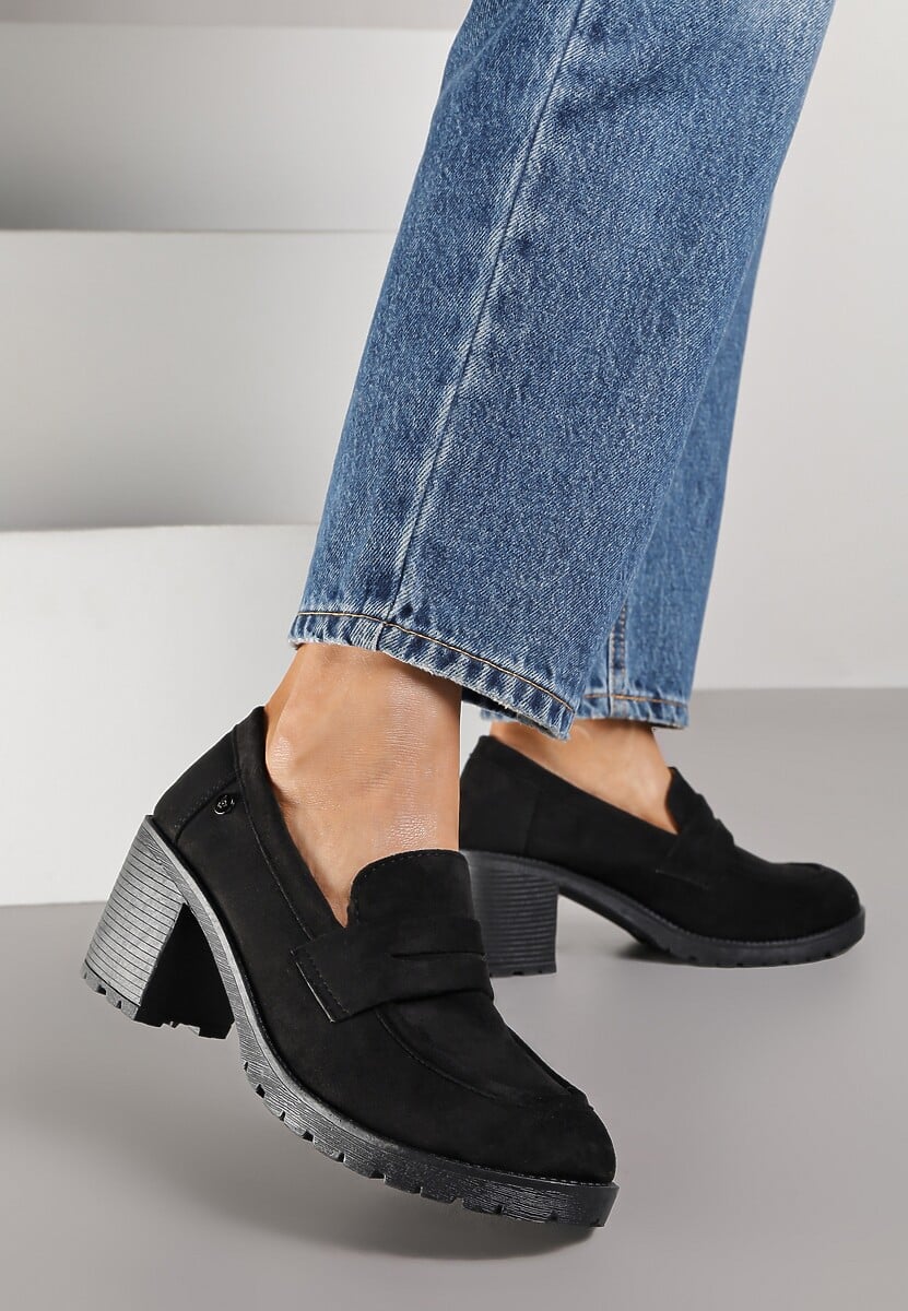 Czarne Półbuty Mokasyny z Ekozamszu na Słupku i Platformie Andarco