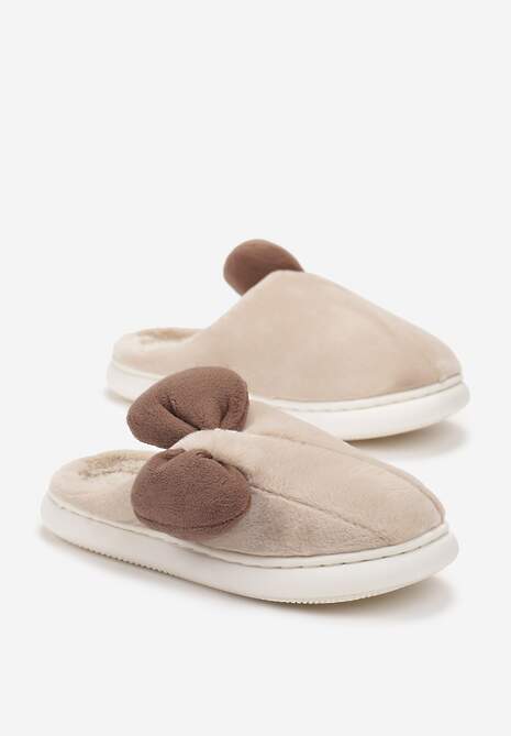 Beżowe Futerkowe Kapcie z Pluszową Kokardką Vlemona