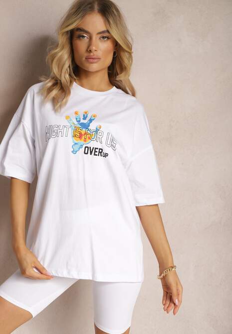 Biały Bawełniany T-shirt z Nadrukami z Przodu i z Tyłu Dianara