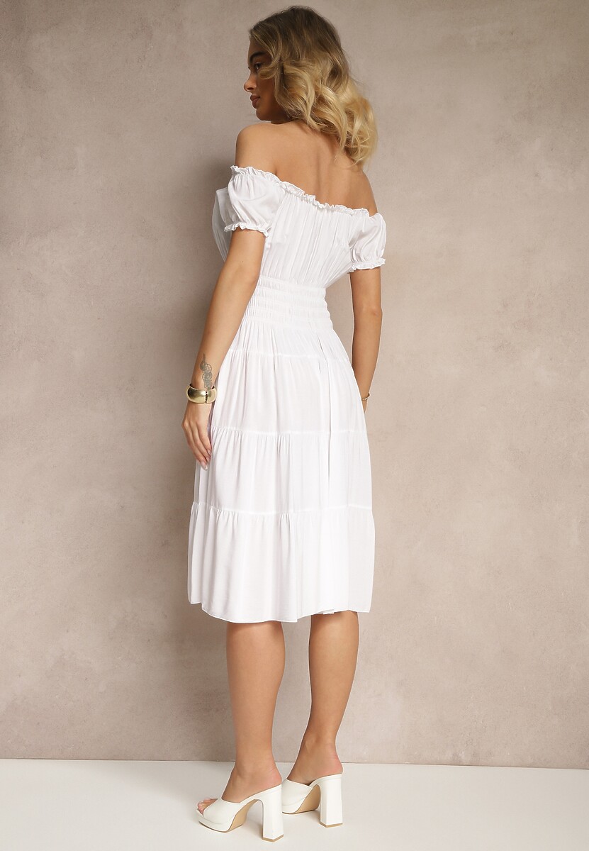 Biała Sukienka Rozkloszowana z Bawełny z Bufiastymi Rękawami i Guzikami Anniliana