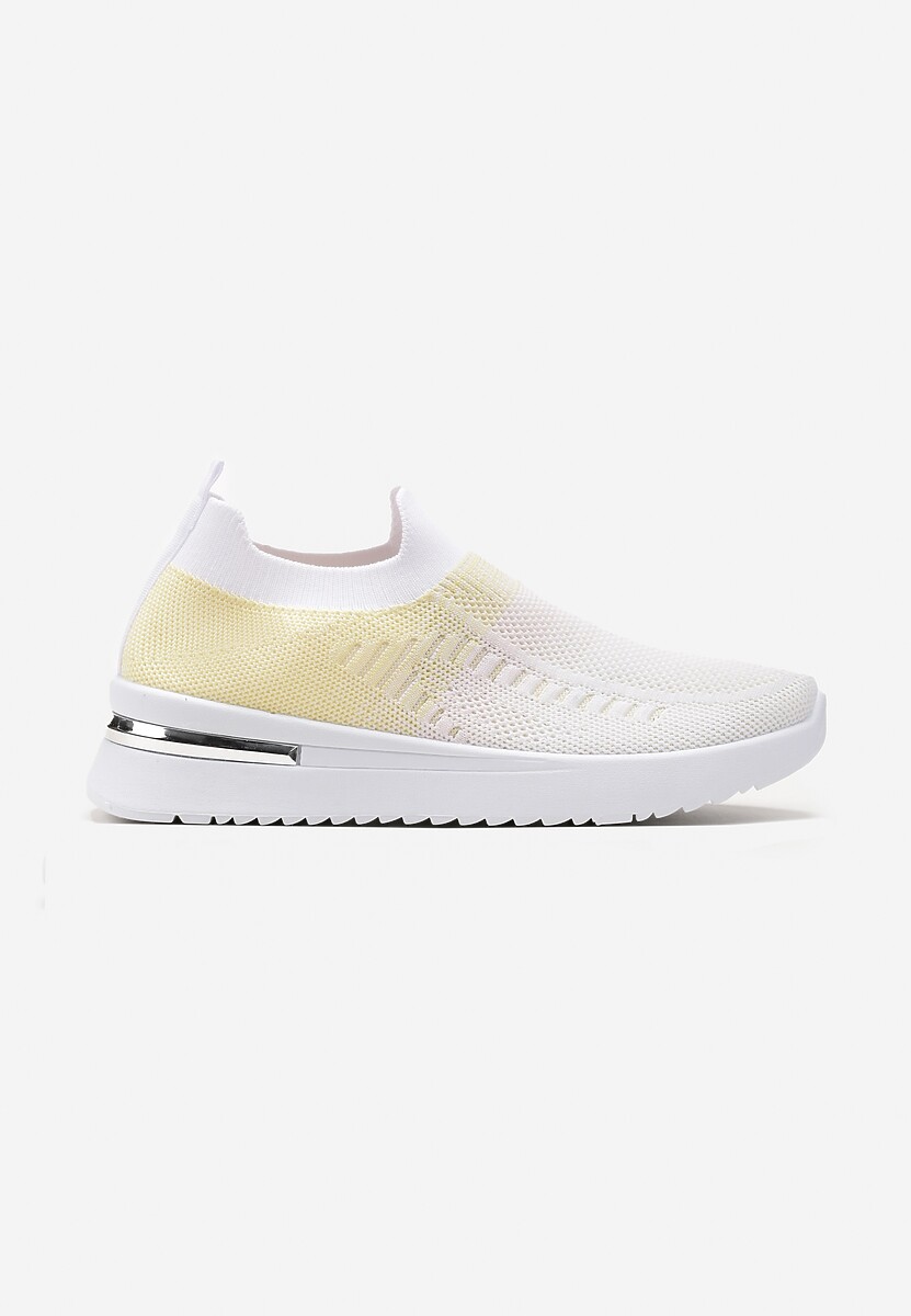Biało-Żółte Buty Sportowe z Nadrukiem Obmre i Skarpetkową Cholewką Erinevia