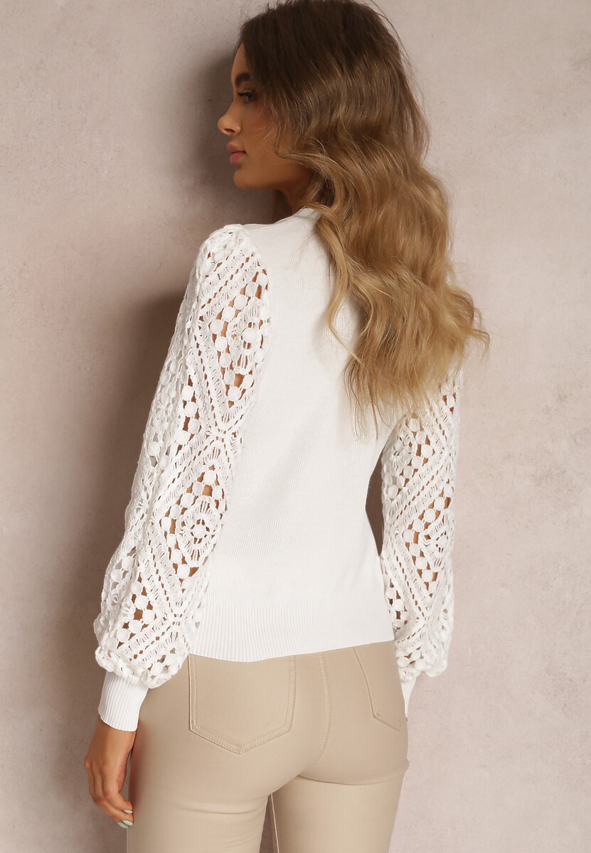 Biały Kardigan z Ażurowymi Rękawami Leiri
