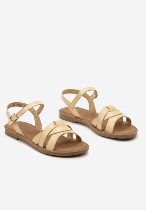 Beżowe Sandały z Imitacji Skóry na Płaskiej Podeszwie Zapinane na Sprzączkę Javera