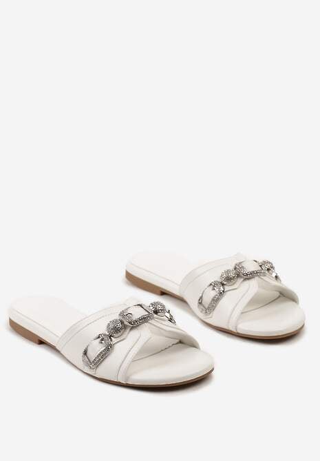 Białe Wsuwane Klapki z Ekoskóry z Szerokim Paskiem o Metalicznym Połysku i Cyrkoniami Inesqua