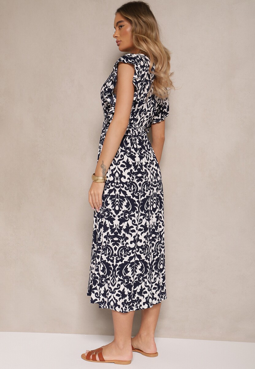 Granatowa Sukienka z Bawełny Rozkloszowana z Falbanami w Roślinny Wzór Zalimara