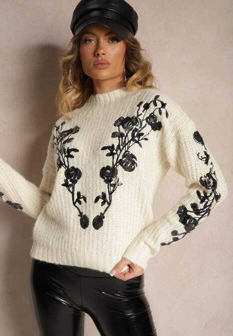 Jasnobeżowy Sweter z Wełną Cekinami i Kwiatowym Haftem Boredi