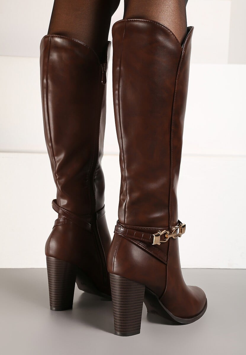 Brązowe Kozaki na Słupku Muszkieterki z Klamerką Vortilina