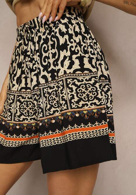 Czarne Szorty Bermudy z Bawełny z Gumką w Pasie w Ornamentalny Print Volienne