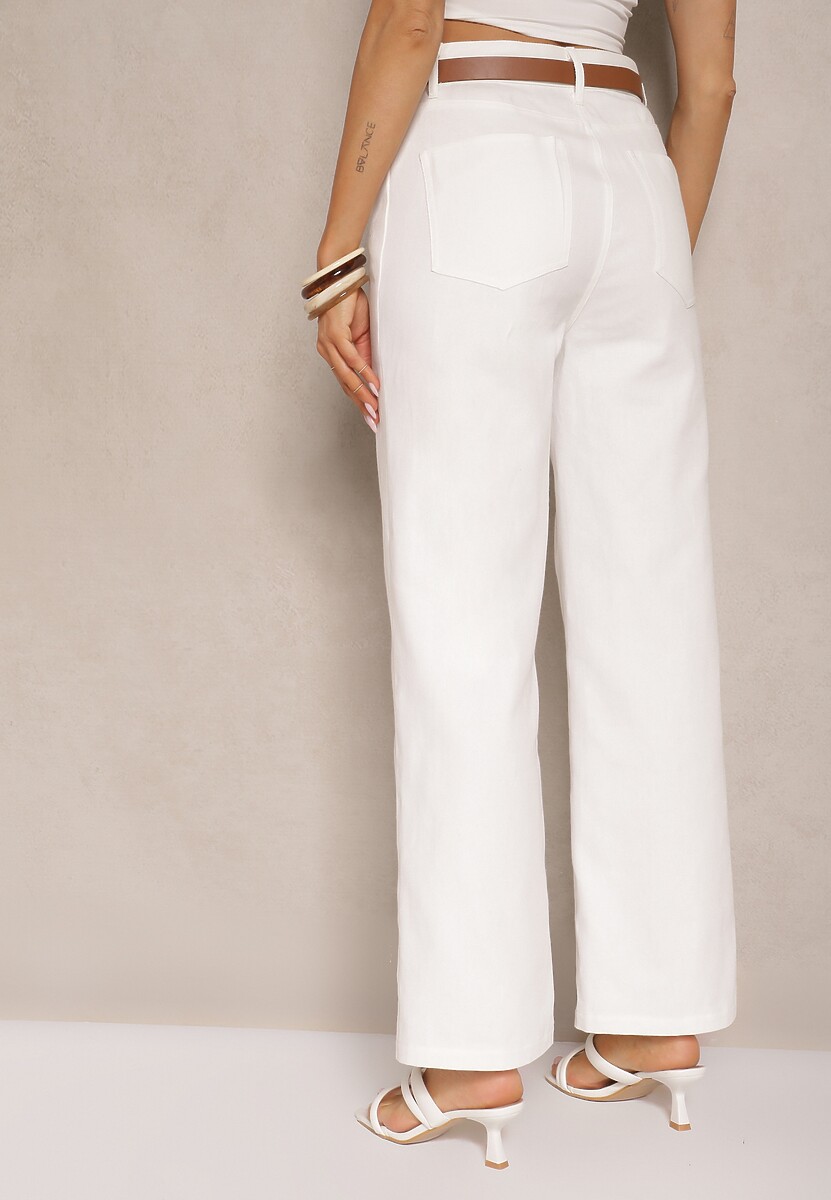 Białe Spodnie z Bawełny o Szerokim Kroju High Waist Ozdobione Paskiem Lavies