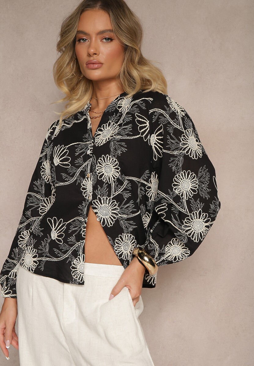 Czarna Koszula z Bawełny z Ozdobnym Kwiatowym Haftem z Cekinami Gonisia