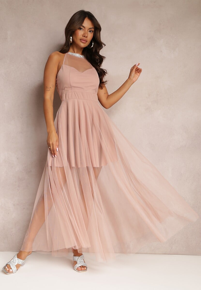 Różowa Maxi Sukienka o Rozkloszowanym Fasonie z Długim Tiulem i Ozdobnymi Cyrkoniami Amorah