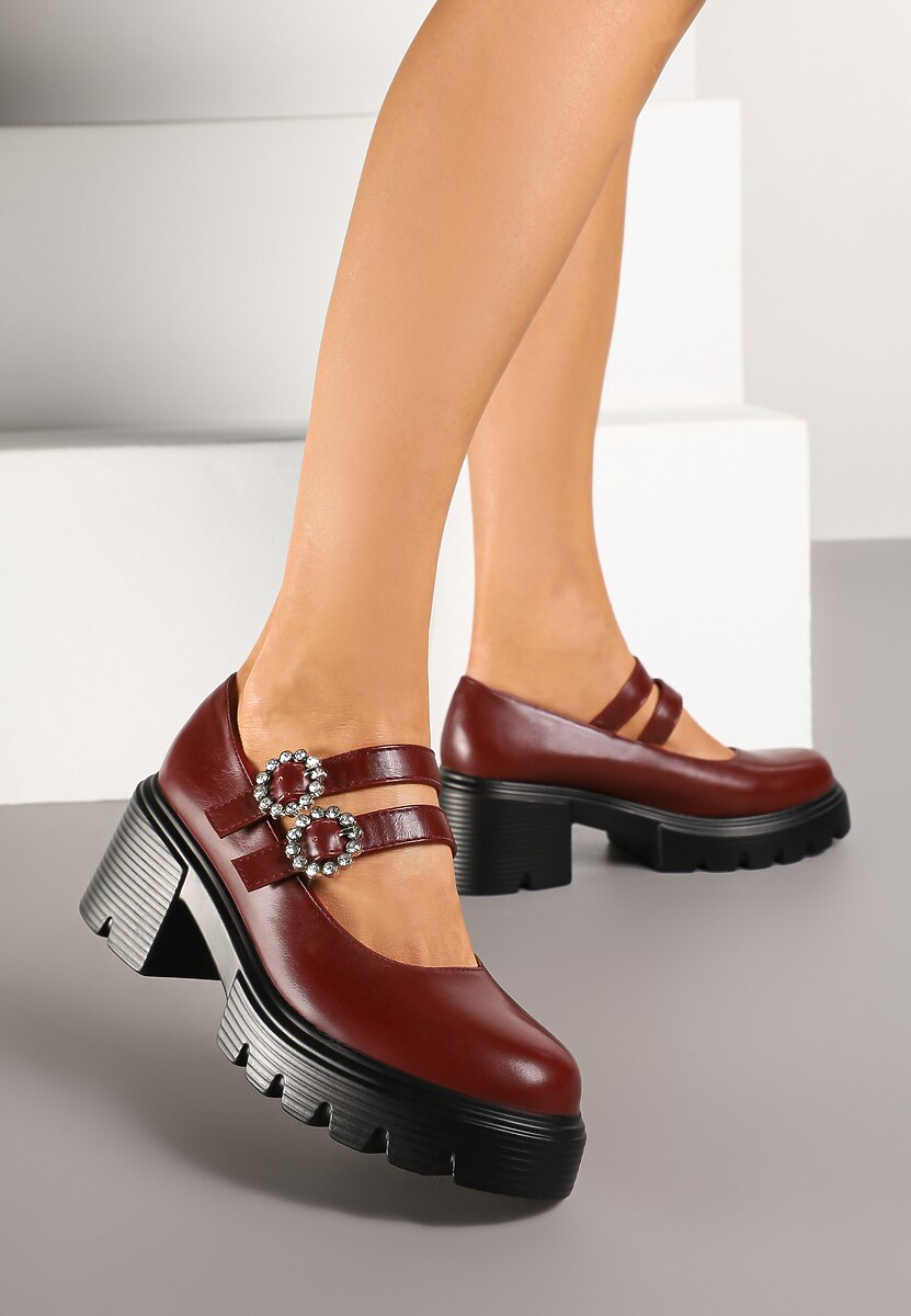 Bordowe Półbuty na Tłoczonym Obcasie z Paskami i Sprzączkami Ozdobionymi Cyrkoniami Inalinne