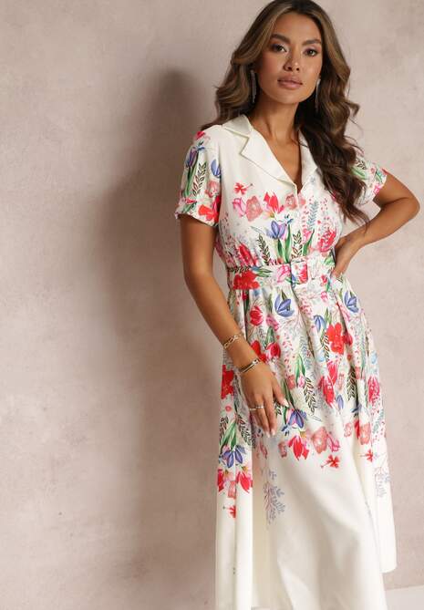 Beżowa Rozkloszowana Sukienka Koszulowa w Kwiaty z Paskiem Iosette