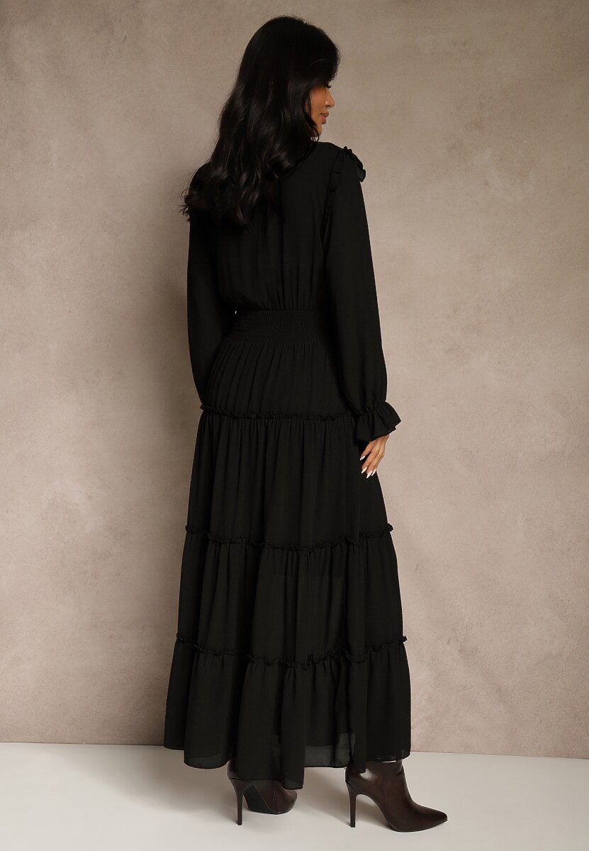 Czarna Sukienka VICES Koszulowa z Falbaną w Rustykalnym Stylu Arivite