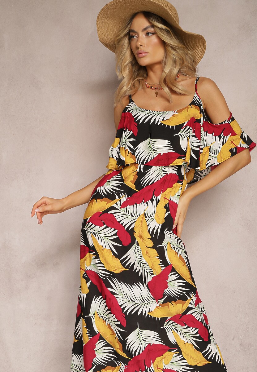 Czarno-Żółta Sukienka z Regulowanymi Ramiączkami i Falbanką przy Dekolcie z Gumką w Pasie Starra