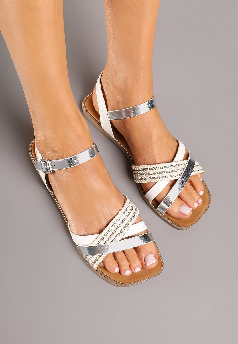 Białe Sandały z Ozdobnymi Paskami z Cyrkoniami Efrisaela