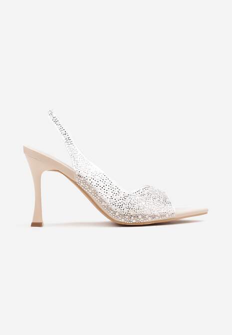 Beżowe Sandały na Szpilce z Transparentną Cholewką Ozdobione Perełkami i Cyrkoniami Risaras