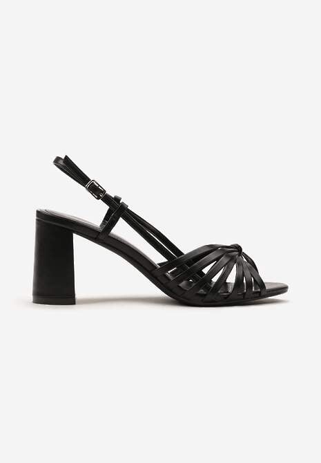 Czarne Casualowe Sandały z Ekoskóry na Słupku z Cienkimi Paskami i Sprzączką Marilana