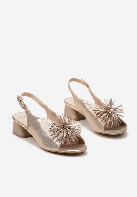 Szampańskie Sandały Vices na Słupku ze Skórzaną Wkładką z Pomponem i Cyrkoniami Tiraga