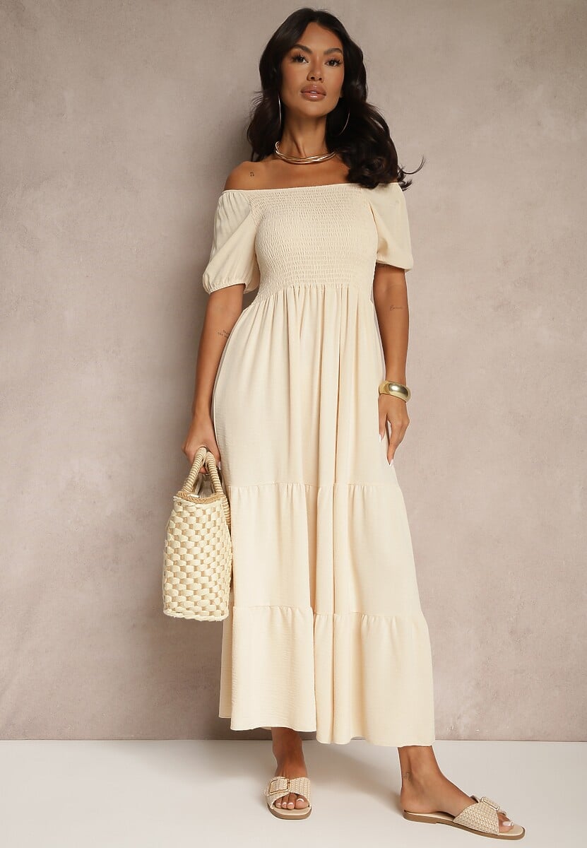 Jasnobeżowa Sukienka Hiszpanka z Marszczoną Górą Lumirielle