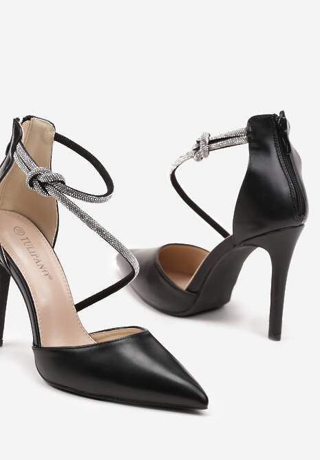 Czarne Szpilki Ozdobione Paskiem z Cyrkonii i Suwakiem Quenevia