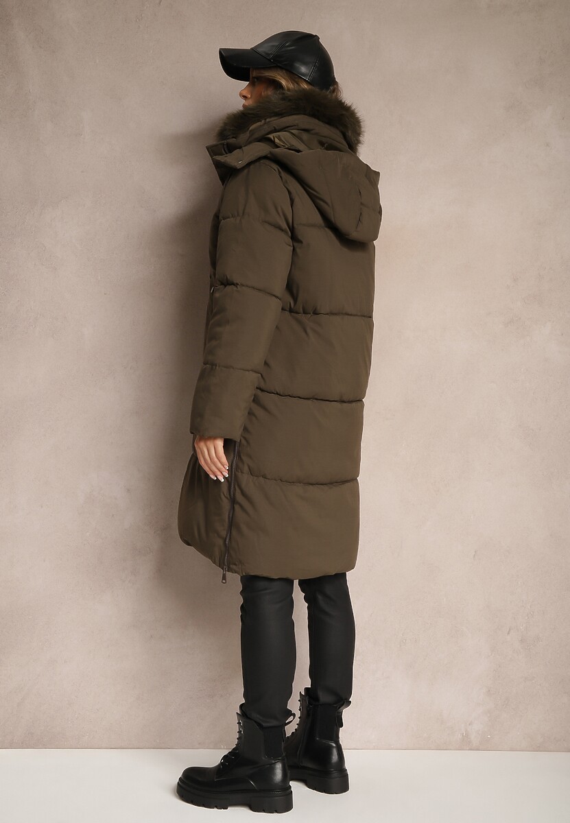 Zielona Kurtka o Długim Kroju z Pikowaniem Odpinanym Futerkiem i Kapturem Vilathra