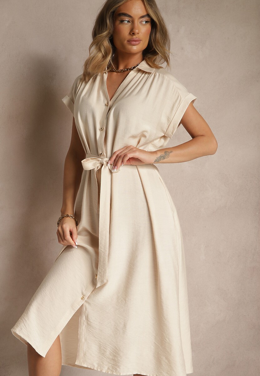Beżowa Koszulowa Sukienka z Wiskozy Ozdobiona Paskiem Rinalitia